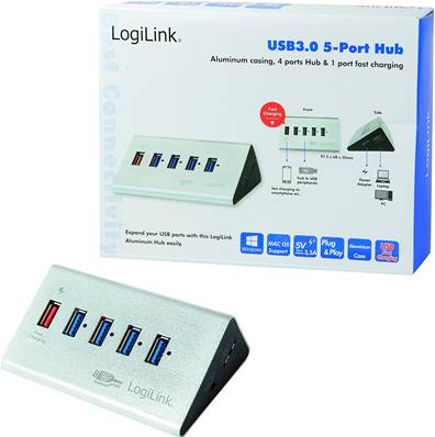 LOGILINK Hub usb3.0 5 ports (dont 1 charge rapide) en aluminium avec alim